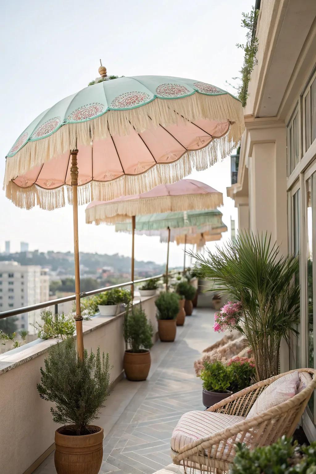 Elegant parasols adding style and shade to a balcony.