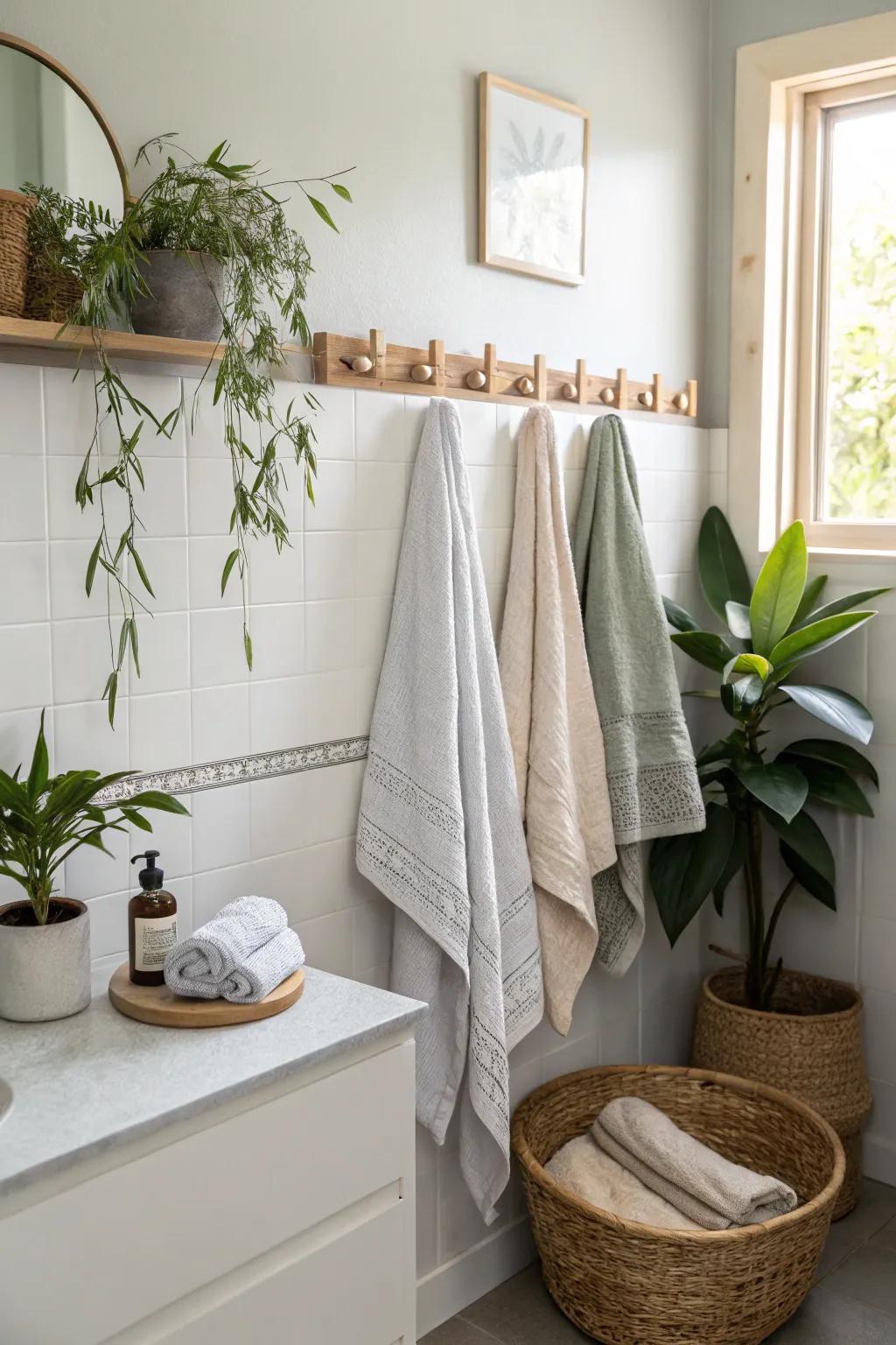 Minimalist pegs provide a sleek and simple towel storage solution.