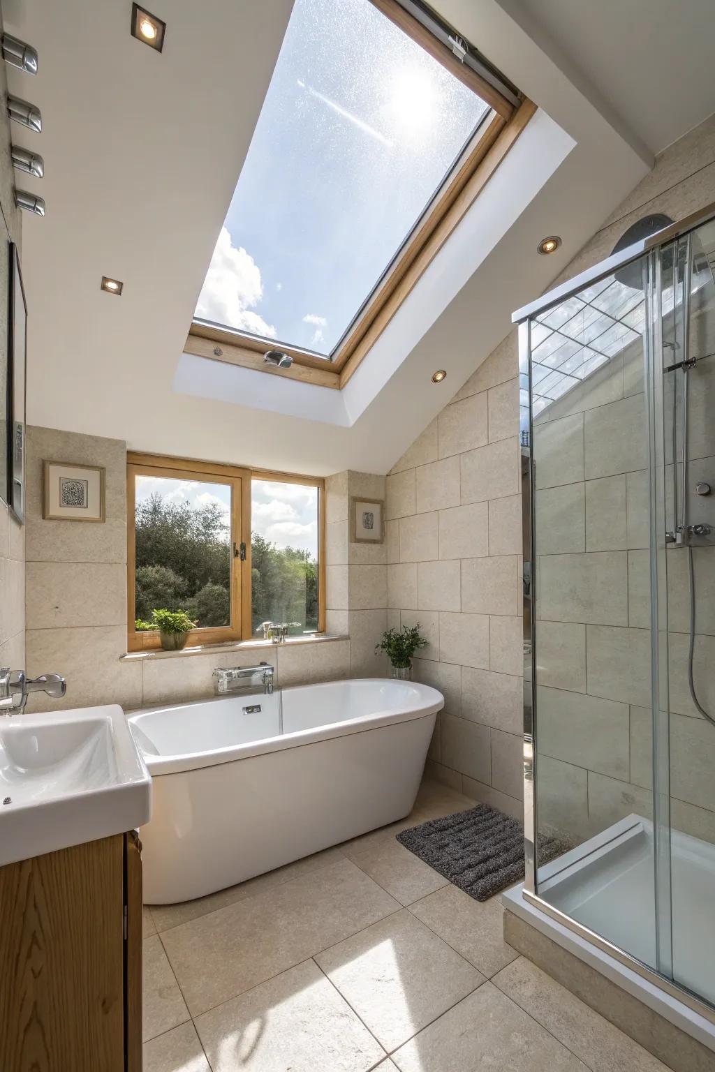 Skylight delivering sunlight within the bathroom.