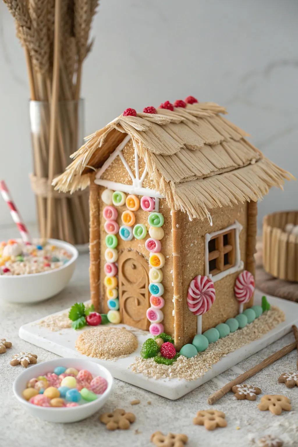 A beach shelter incorporates a luxurious, resort sensation to the scene.