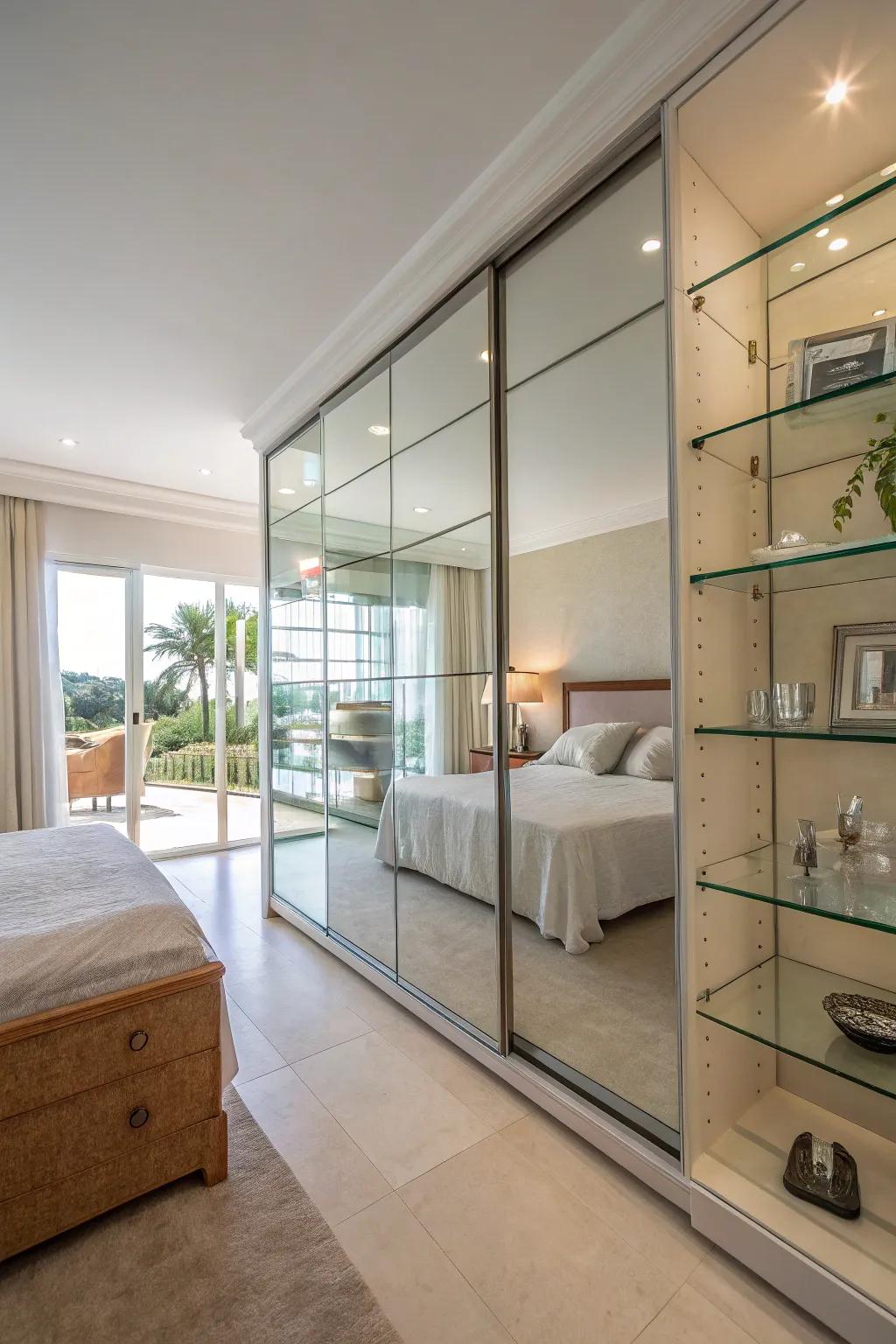 Glass shelves contribute an airy and spacious sensation to bedroom decor.