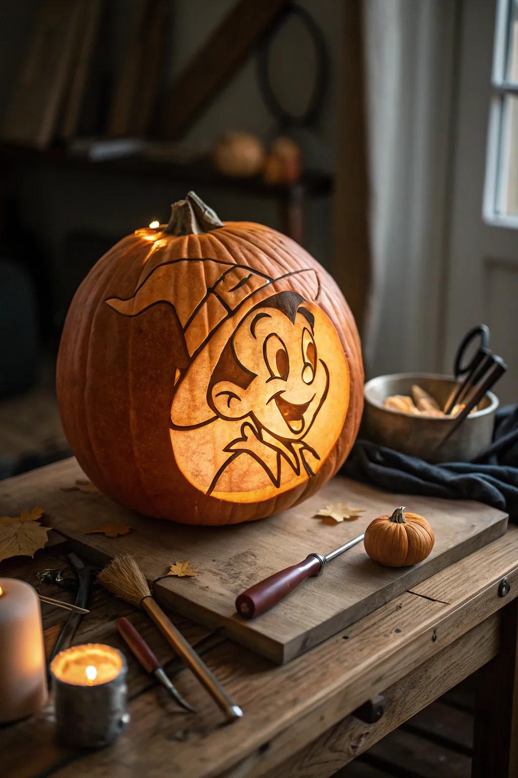 With this easy yet striking cartoon portrait pumpkin, learn the skill of carving!