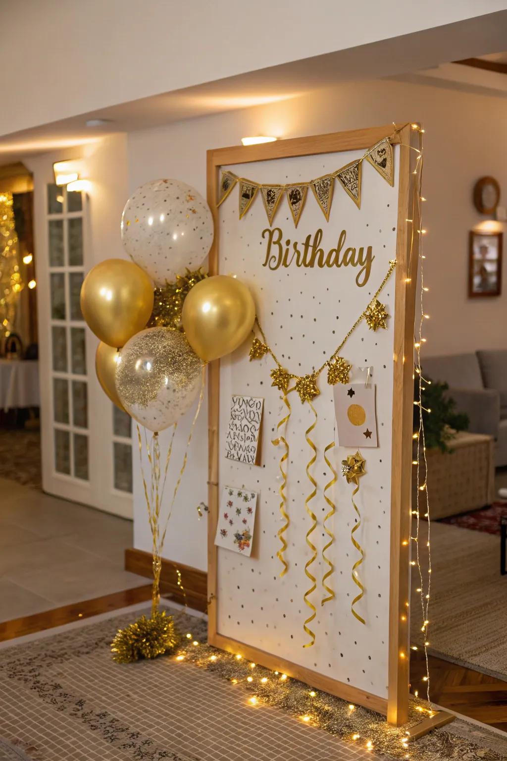 Gold-themed birthday display for a luxurious feel.