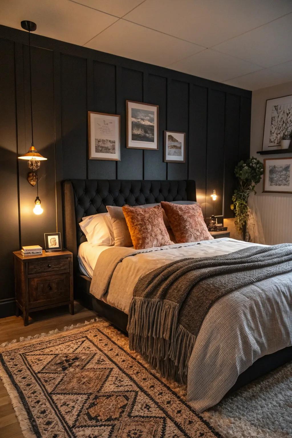 Dramatic bedroom featuring deep tone walls and a dark headboard