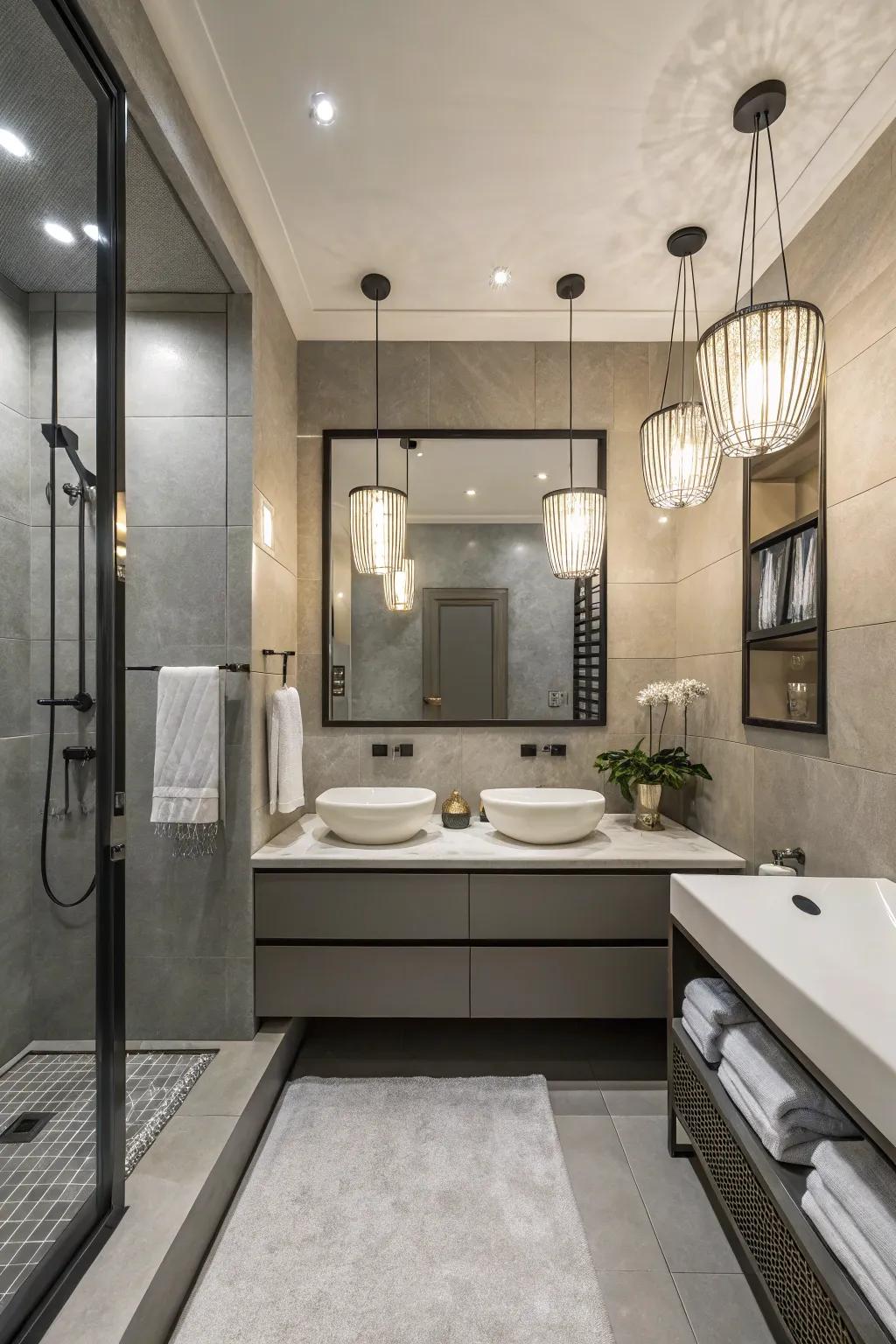 Modern light decor enhances the elegance of this bathroom.