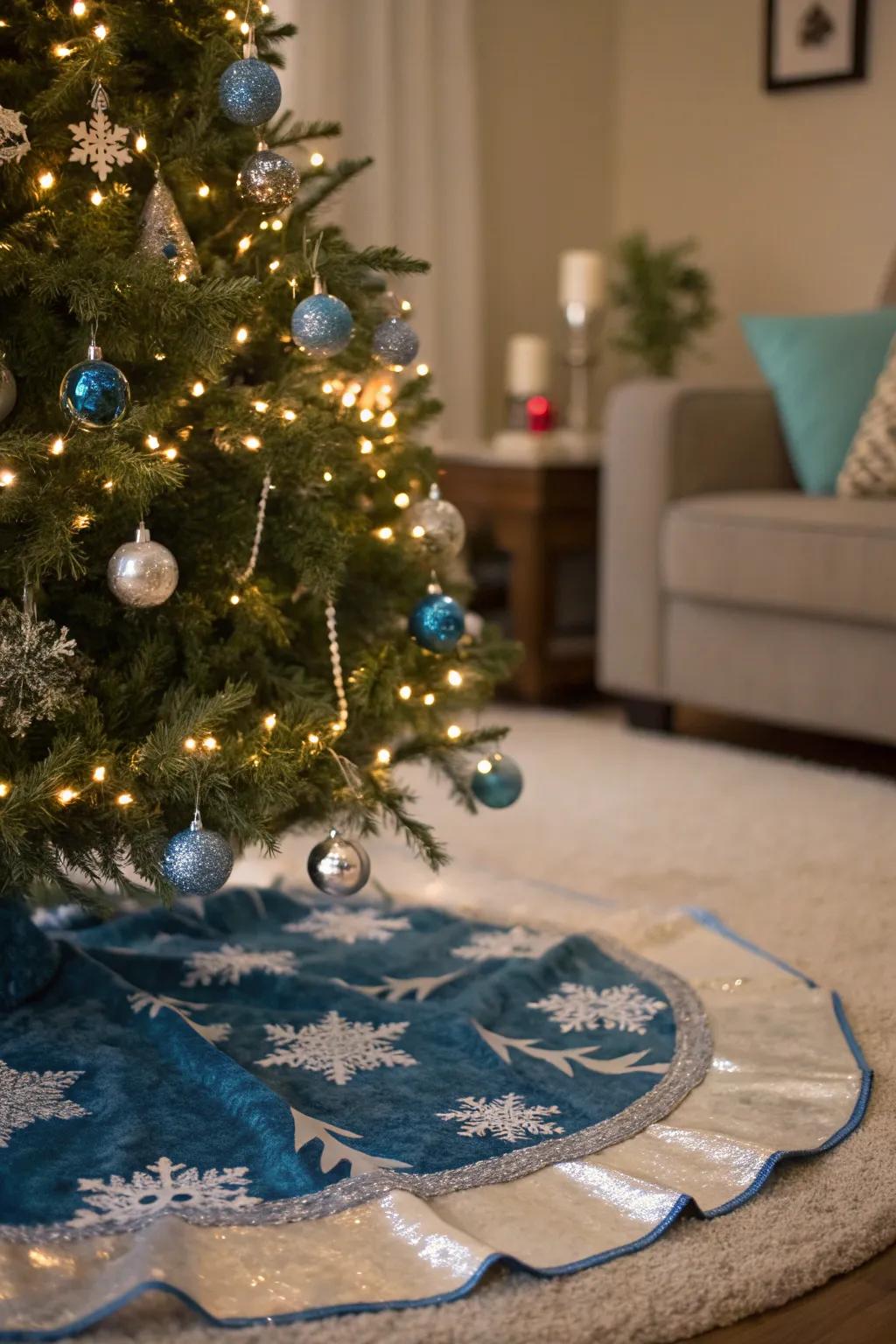 Polished blue and silver Christmas tree skirt