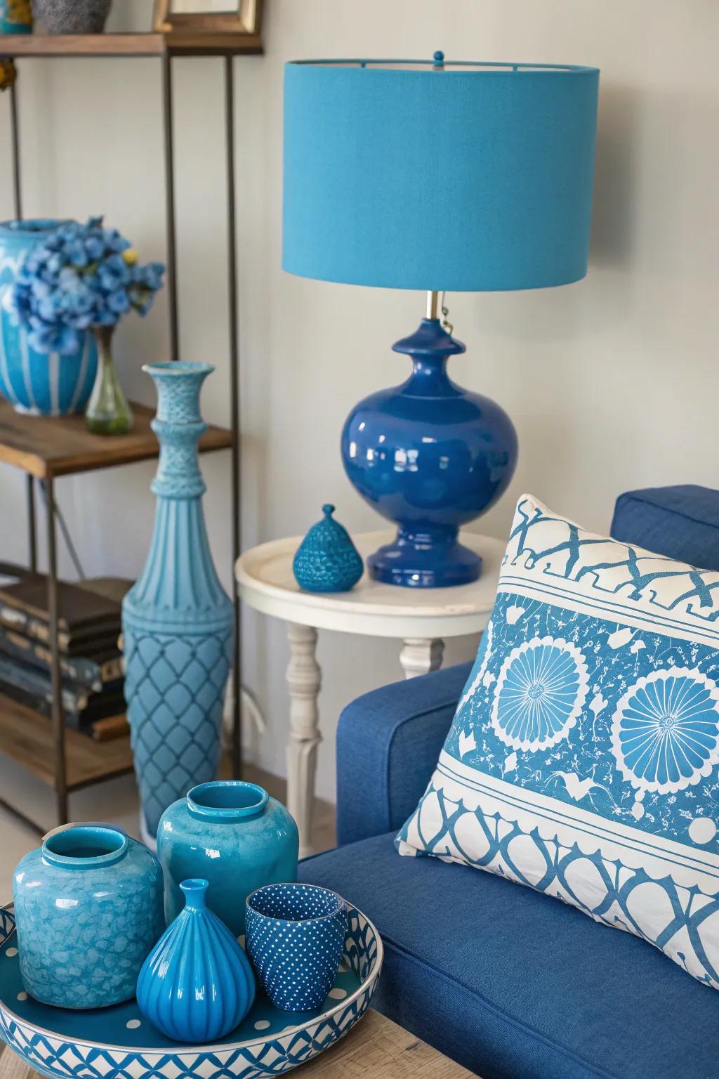 Quirky azure decor includes character and sparks conversation in your space.