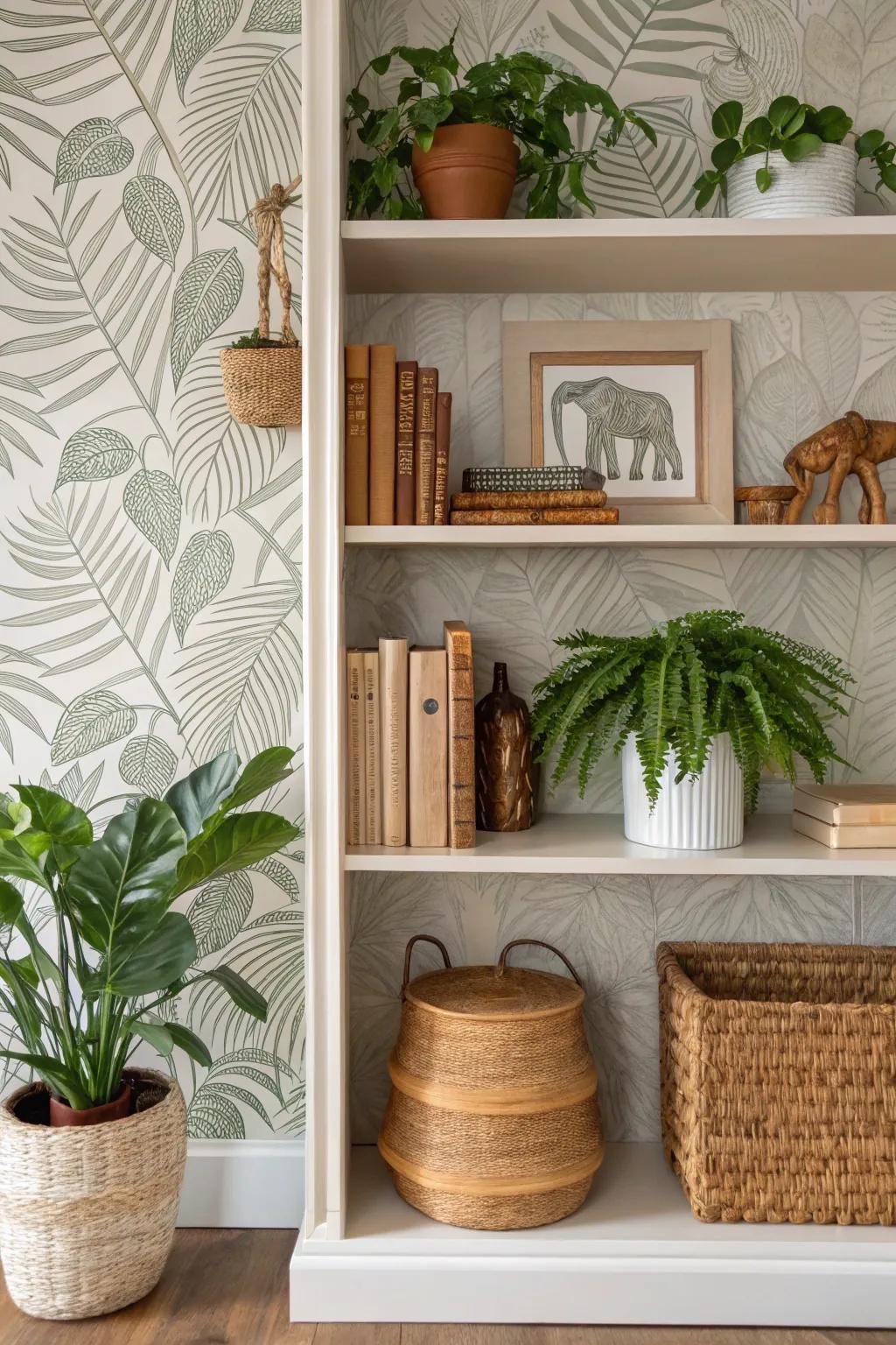 <strong>Bookshelf</strong> featuring foliage texture wallcovering for a calming, earthy vibe.&rdquo; loading=&rdquo;lazy&rdquo; class=&rdquo;pimg&rdquo;>
	</picture><figcaption><strong>Bookshelf</strong> featuring foliage texture wallcovering for a calming, earthy vibe.</figcaption></figure>
<p>Nature-inspired textures like stone or leaf patterns can bring a sense of the outdoors inside. I once utilized a leaf texture, and it established a calming, earthy vibe.</p>
<h3>A few helpful options:</h3>
<ul class=