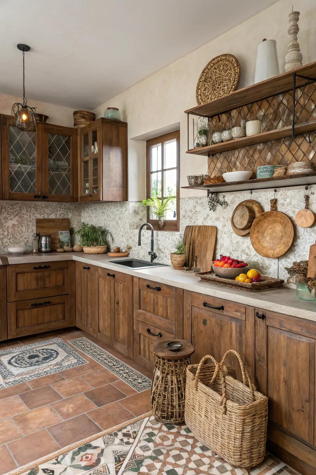 Intermixed sienna tones introduce an eclectic, cohesive vibe to the kitchen.
