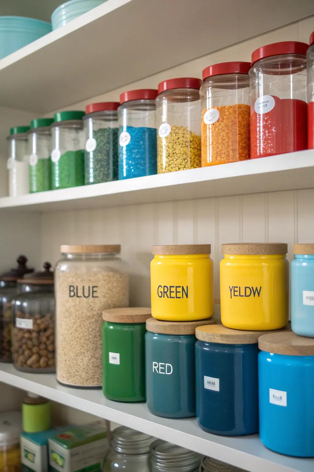Color-coordination provides an arranged and visually pleasing pantry.