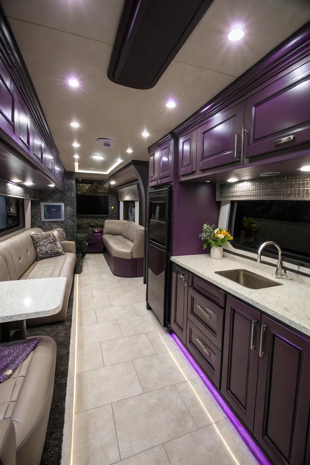 Midnight violet cabinets add drama and sophistication.