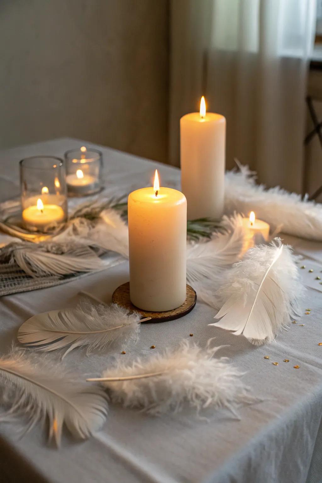 A dreamlike display of wax lights with soft feathers.