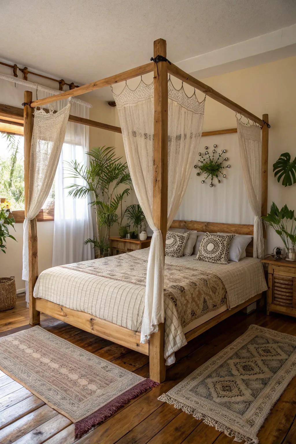 A rustic canopy incorporating natural materials introduces warmth and texture.