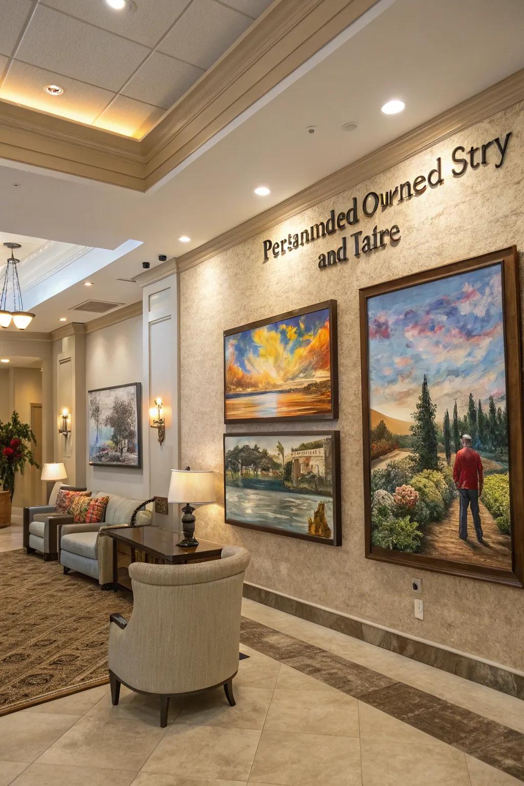Personalized art adding uniqueness and meaning to the lobby.