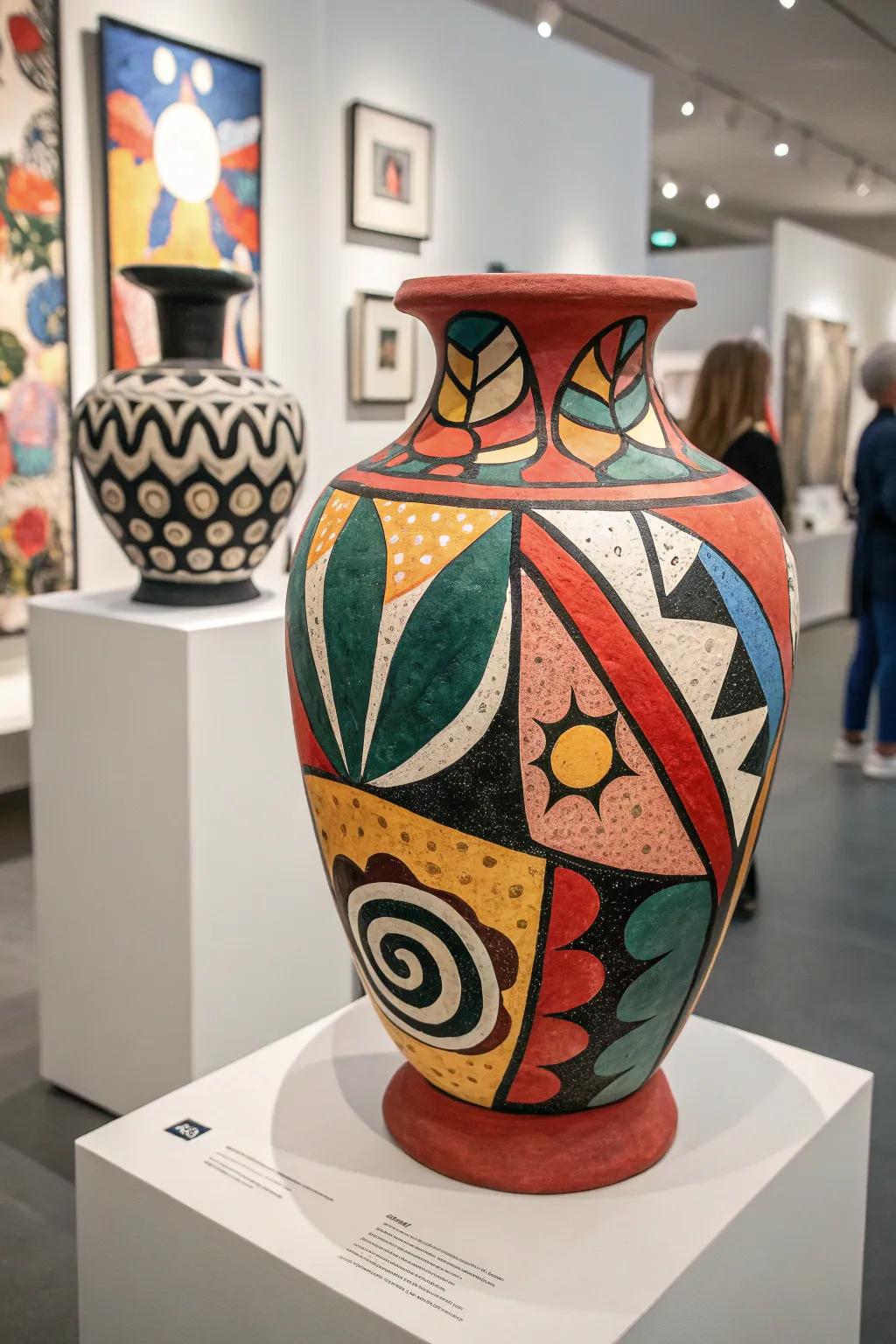 An abstract art earthenware container serving as a striking focal element in any decor.