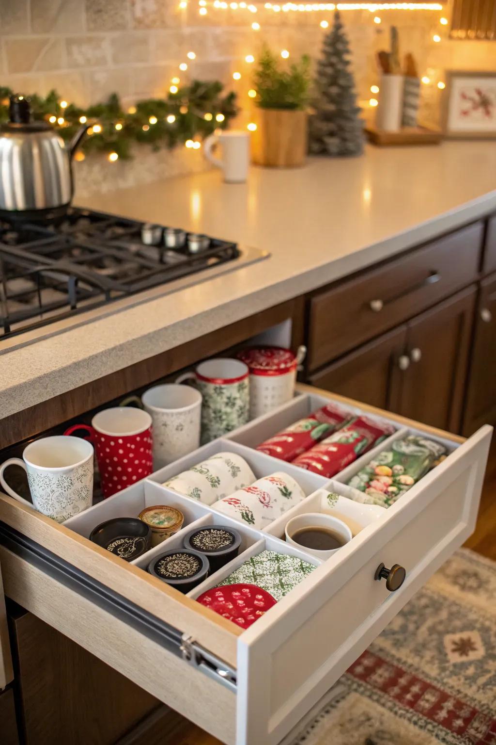 Seasonal decor keeps your coffee drawer festive and welcoming.