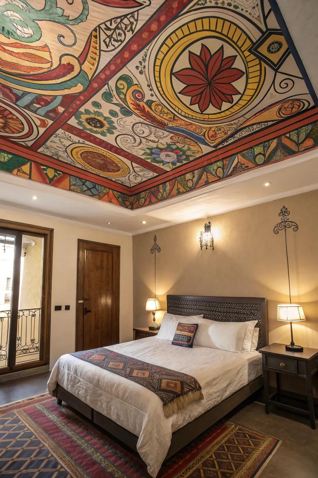 A colorful ceiling adds unexpected interest to this bedroom.