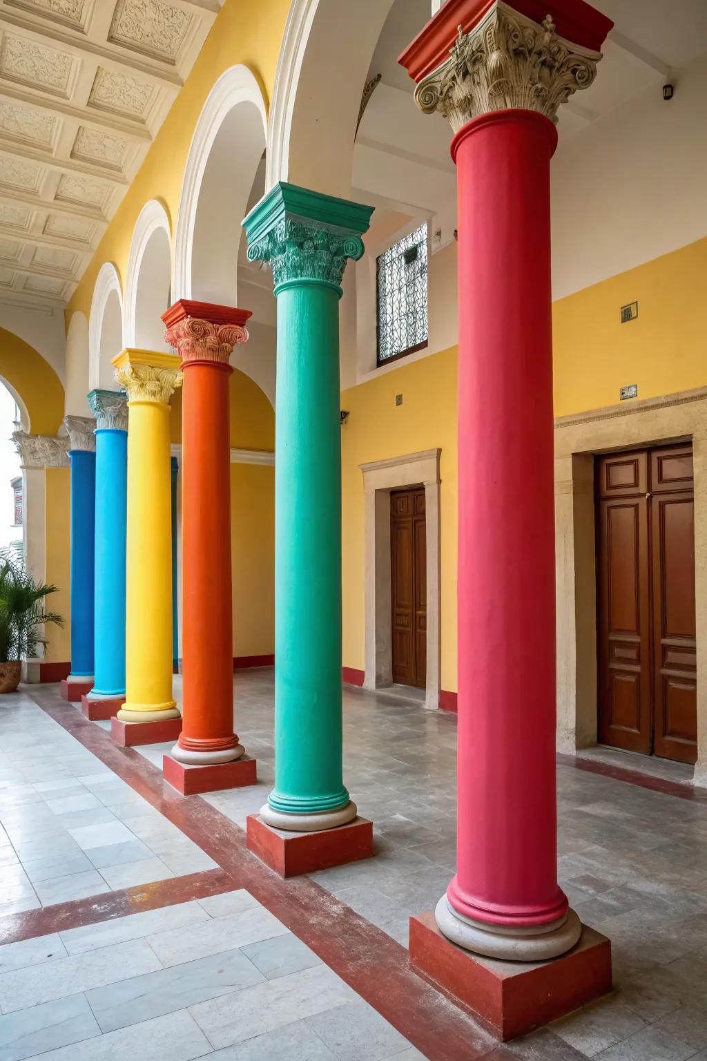 Boldly colored columns adding a vibrant touch to a neutral interior.