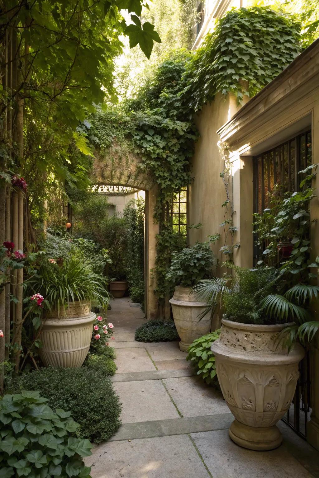 A secluded garden spot crafted with containers.