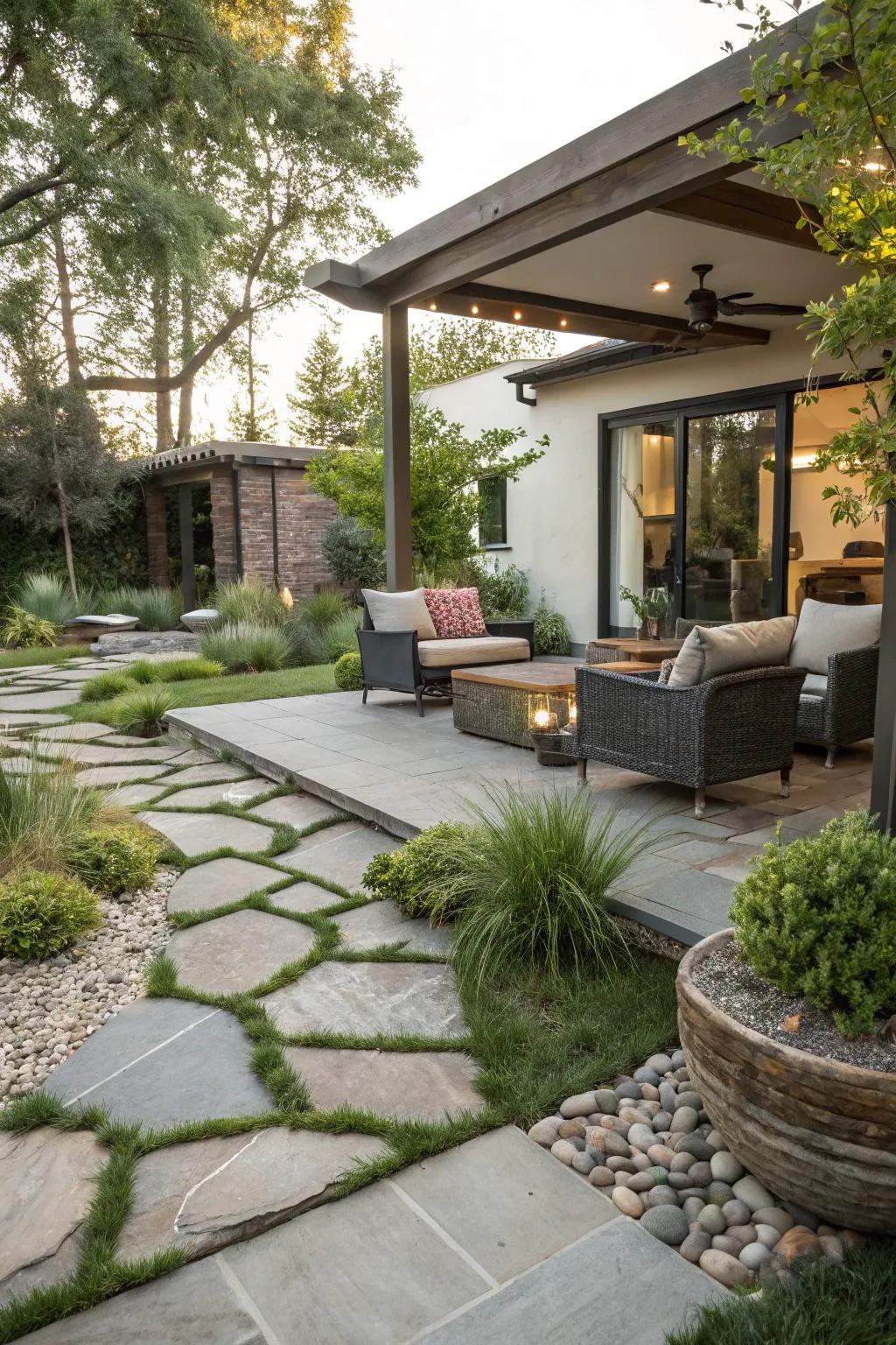 Natural stone components offer elegance to a modern patio.