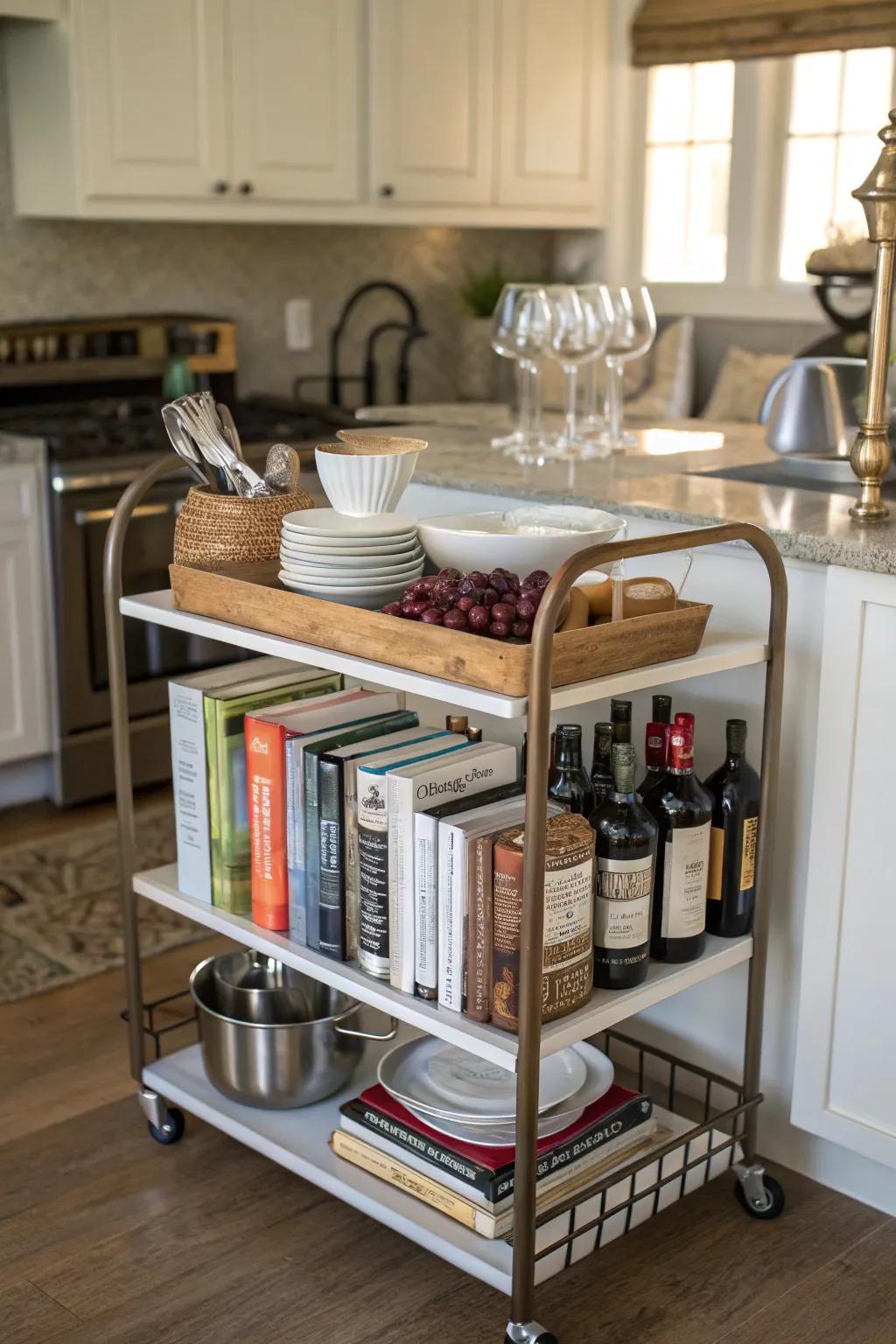 A bar cart becomes a mobile library for your cookbooks.