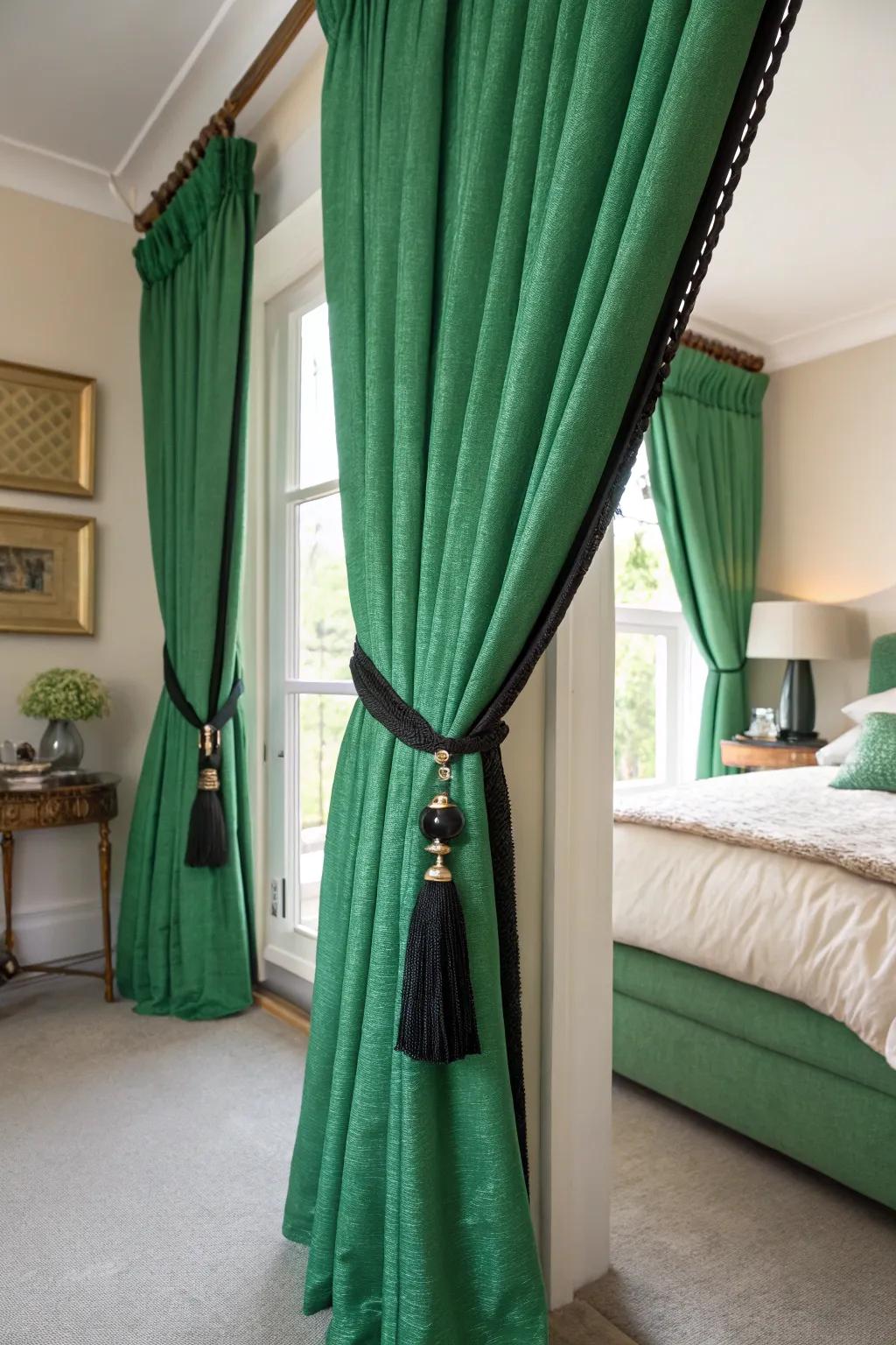 Green drapes with black fasteners create a dramatic look.