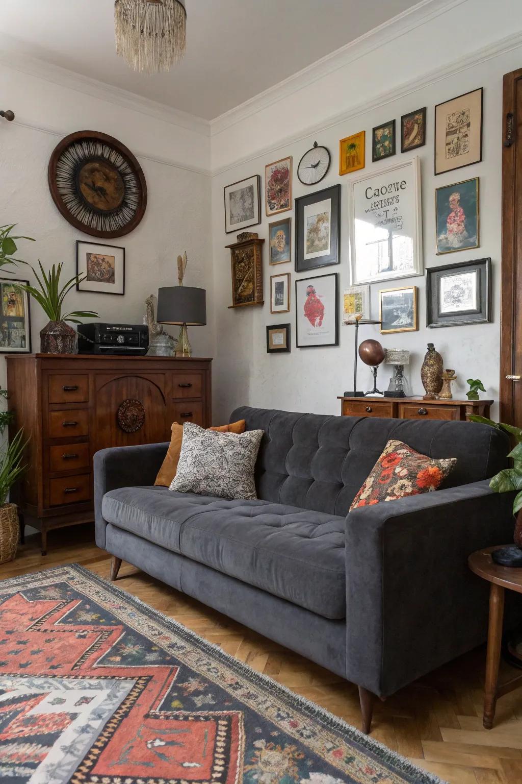 Eclecticism brings unique charm and creativity to a grey couch setting.