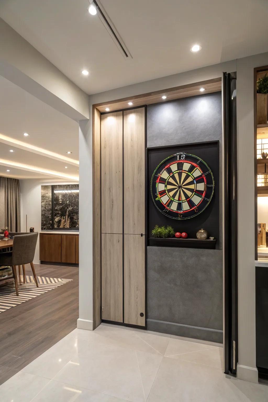 A hidden nook for a discreet and versatile dart board setup.