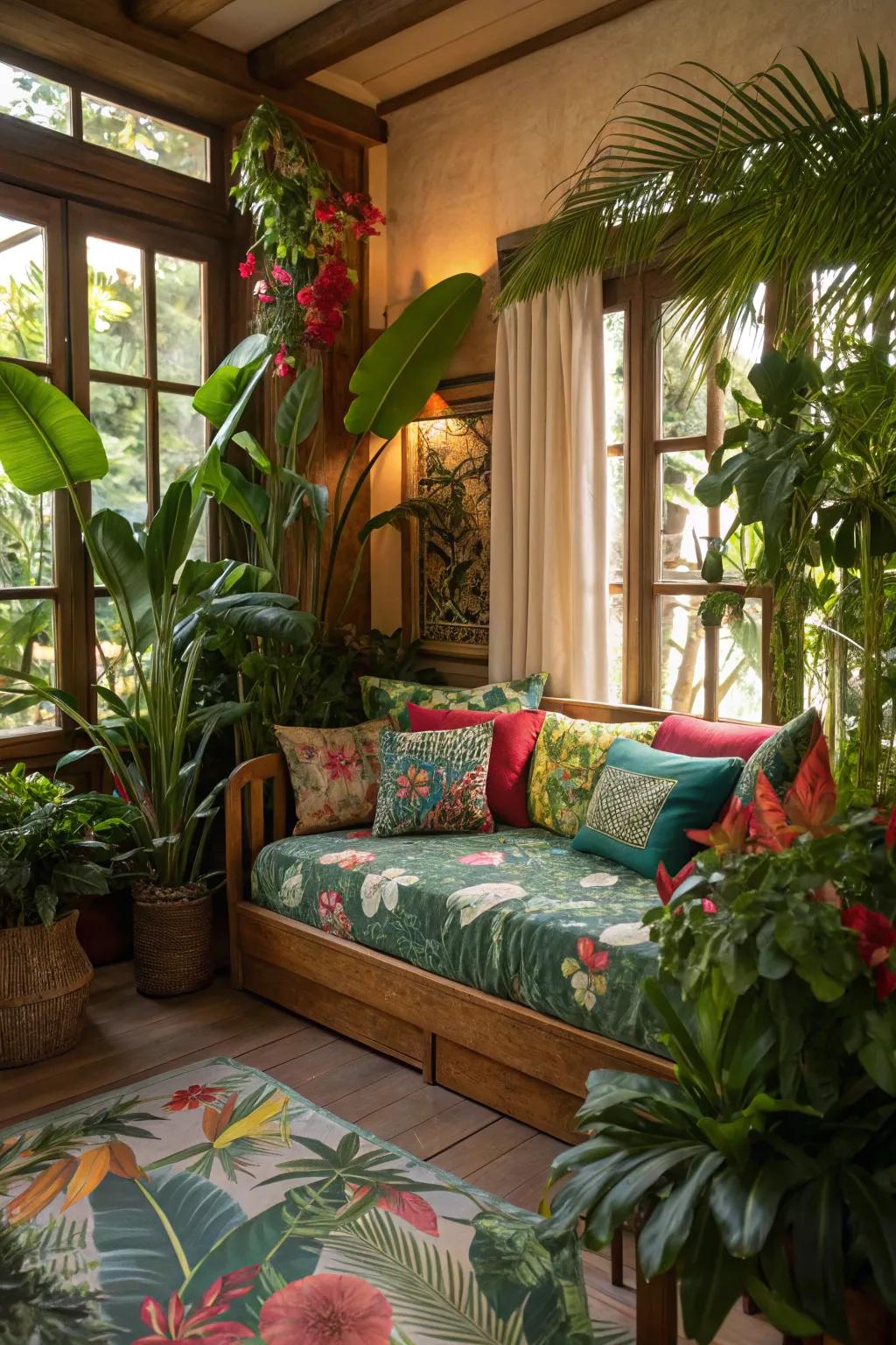 A tropical escape within your home, showcasing a daybed surrounded by greenery.