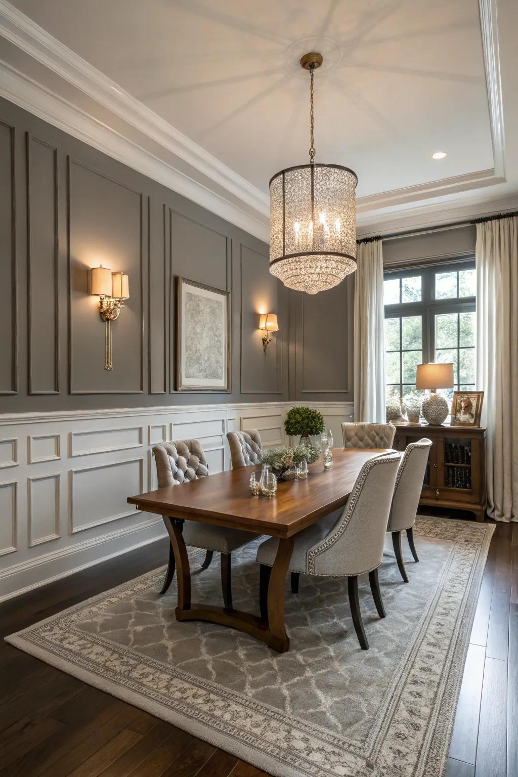 Monochrome wainscoting creates a seamless and spacious feel in the dining room.