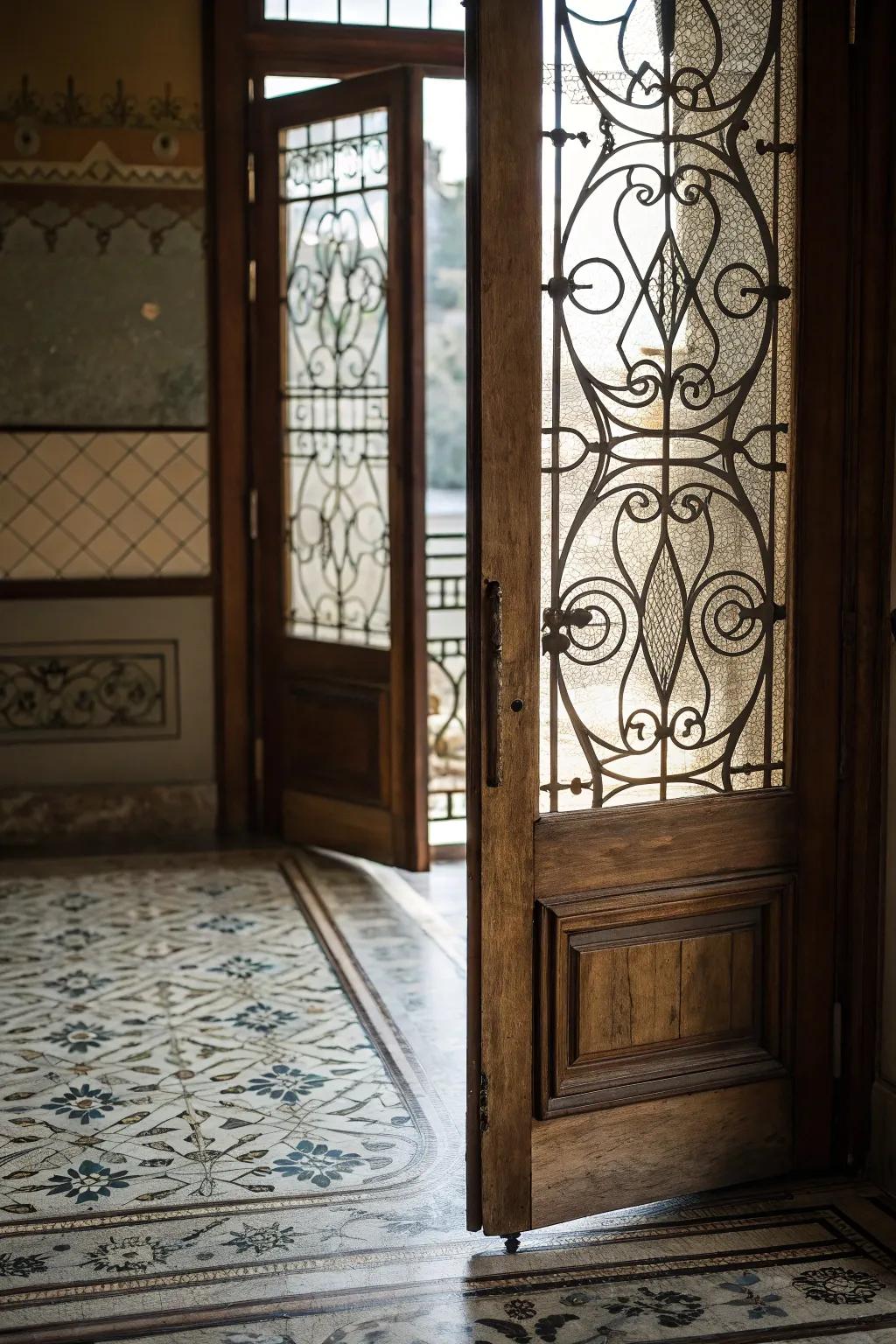 Add texture and visual intrigue through patterned glass door designs.