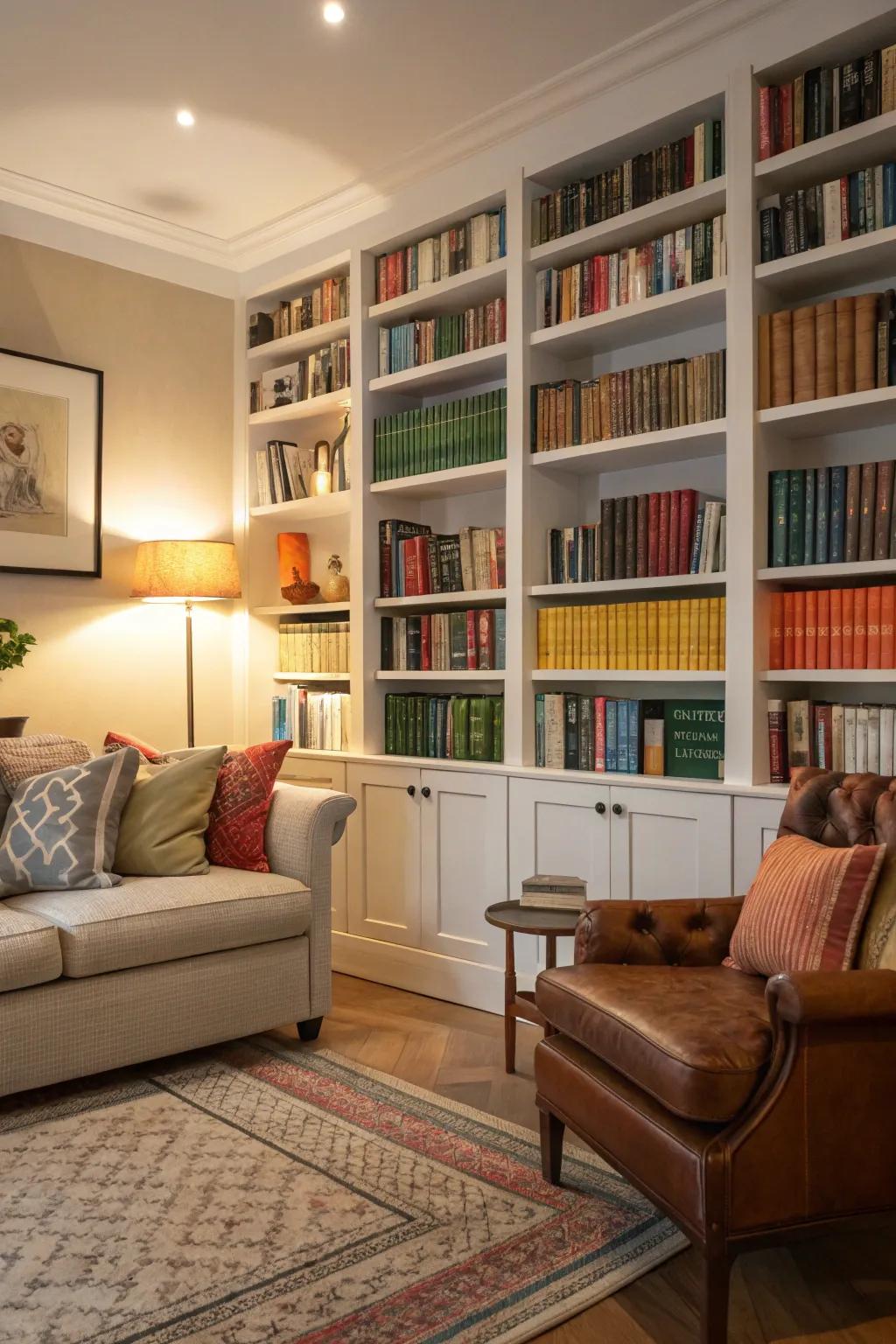 A living room featuring a thoughtfully curated array of literature.