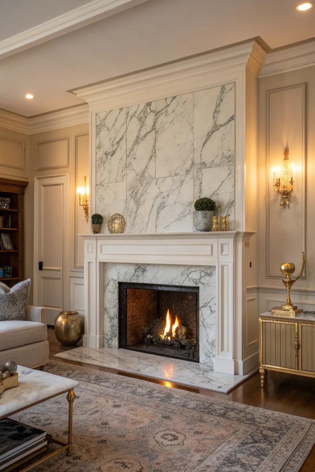 Embrace ageless elegance with a marble fireplace wall that speaks of luxury. #TimelessDesign #MarbleMagic ✨
