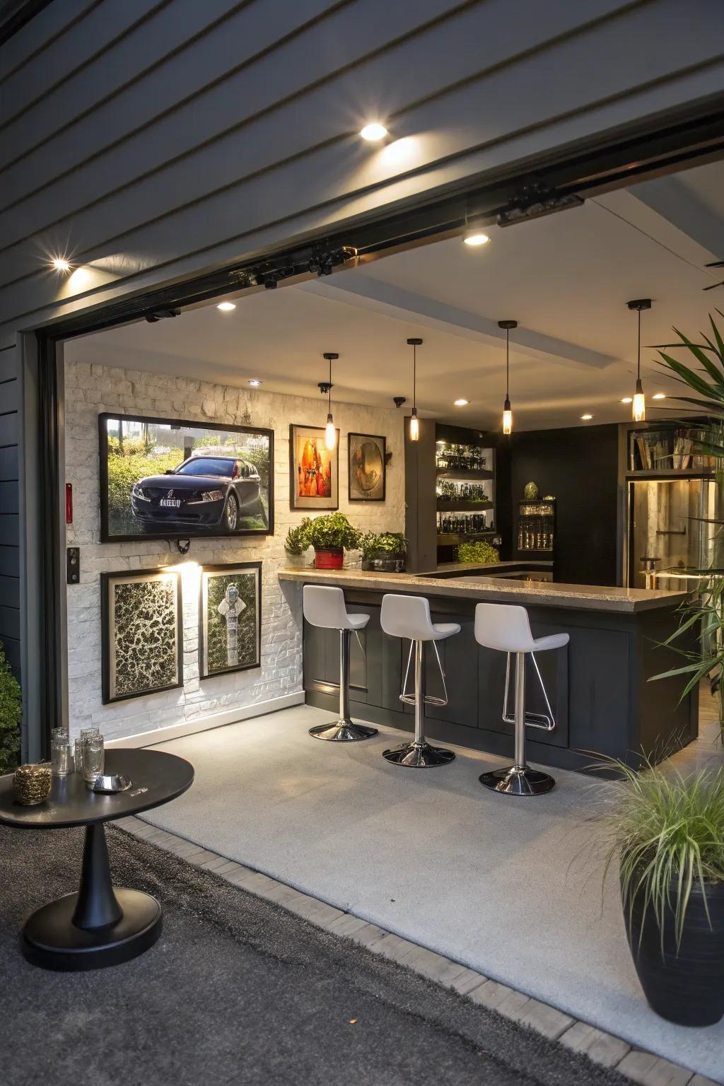 A mini bar adds a touch of luxury to a transformed garage space.