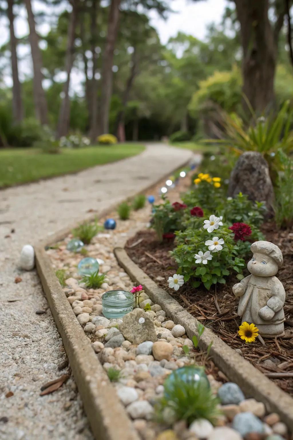A playful stone flower bed with whimsical elements