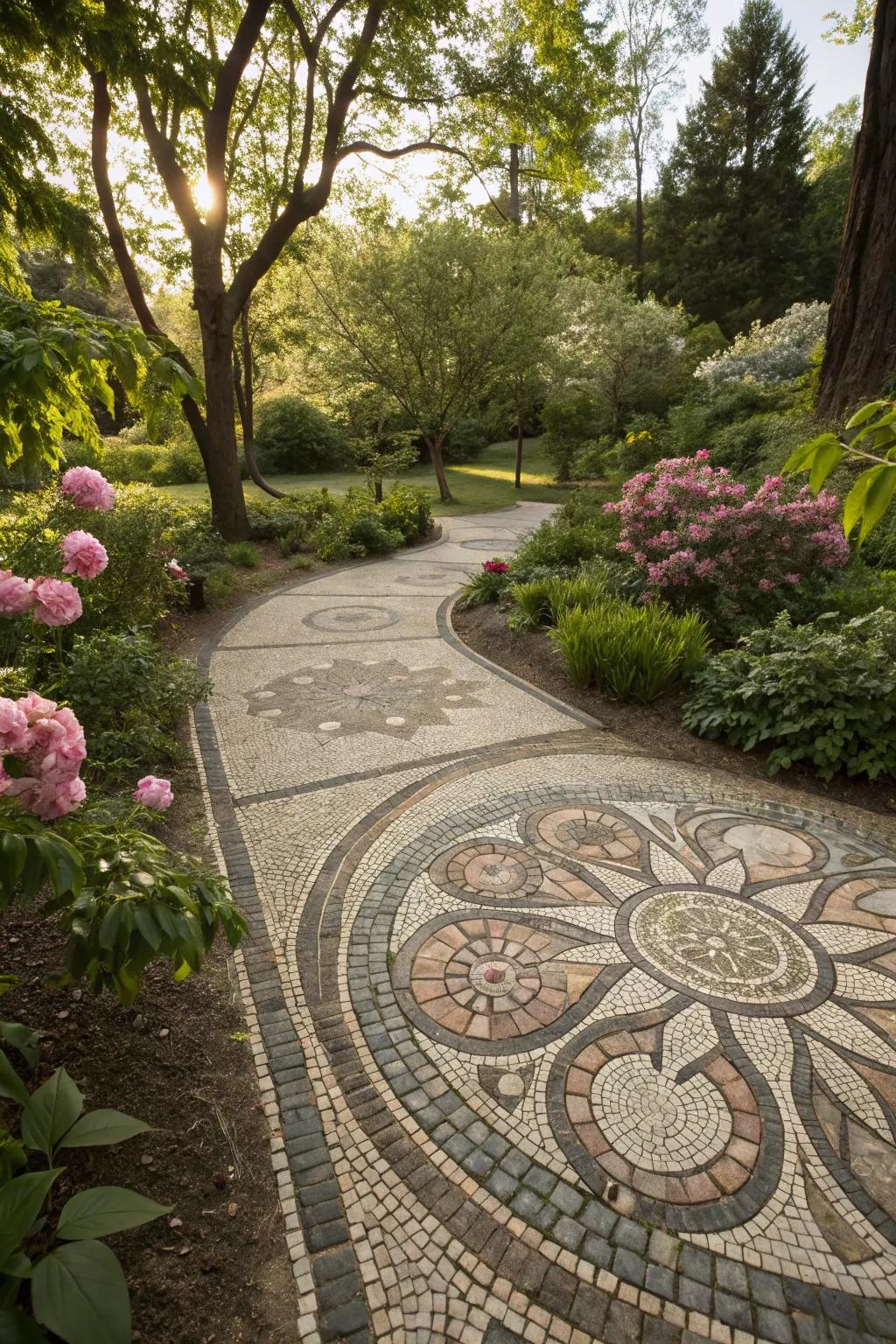 A pretty pebble picture adding art to a garden.