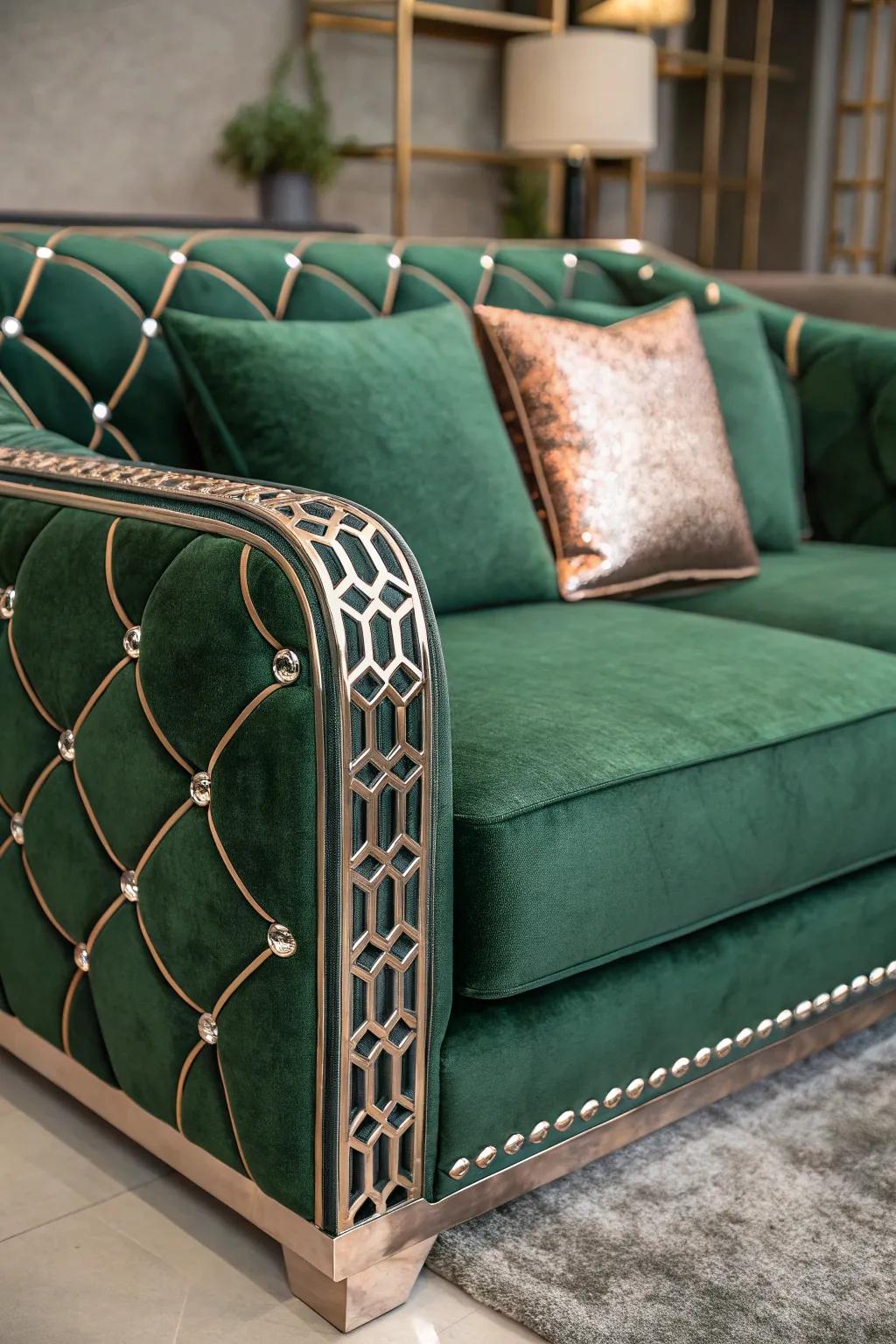 A glamorous living space featuring a green velvet sofa and metallic details.