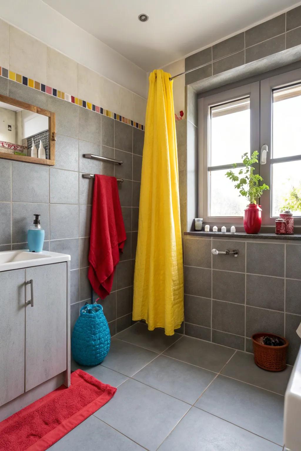 Bold colors bring a playful touch to the shale bathroom.