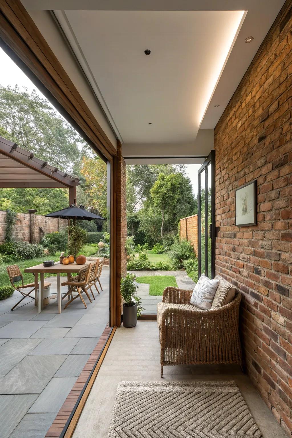 A seamless inside-outside mix with a brick wall connecting the interior to a patio.