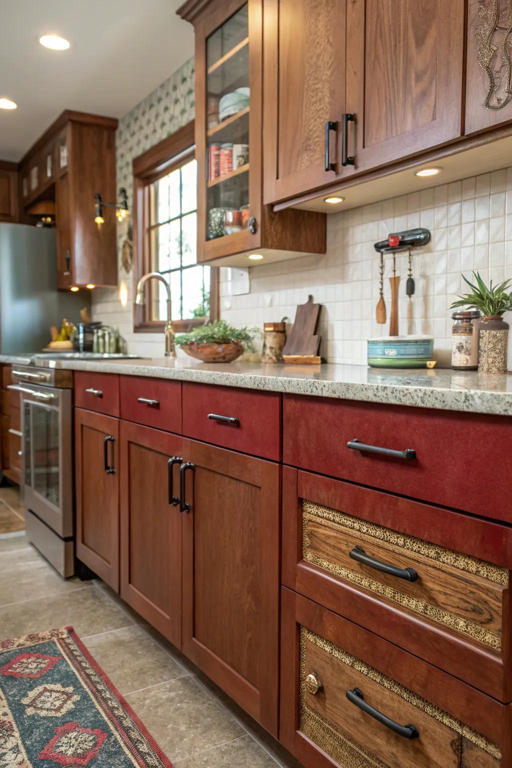 Handles of mixed materials provide a dynamic, eclectic look.