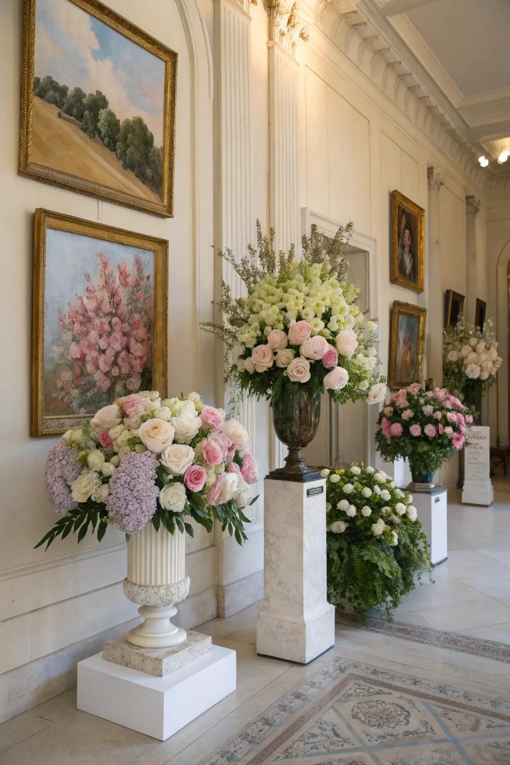 Floral arrangements coordinated with artwork highlight both beautifully.