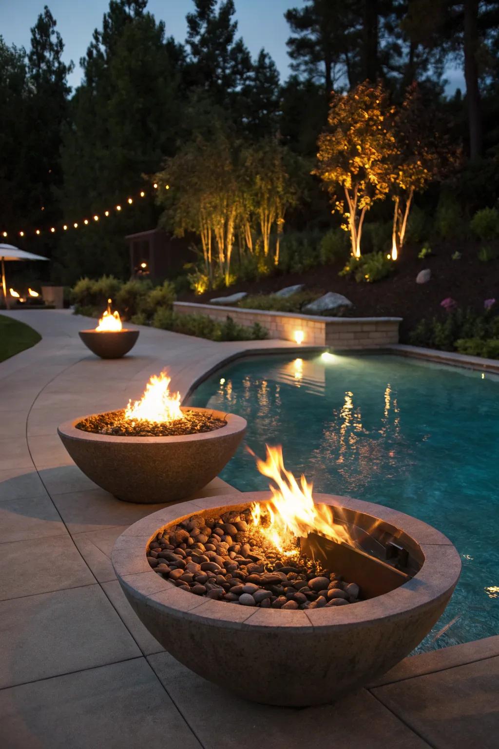 A pool enhanced with fire elements for a dramatic effect.