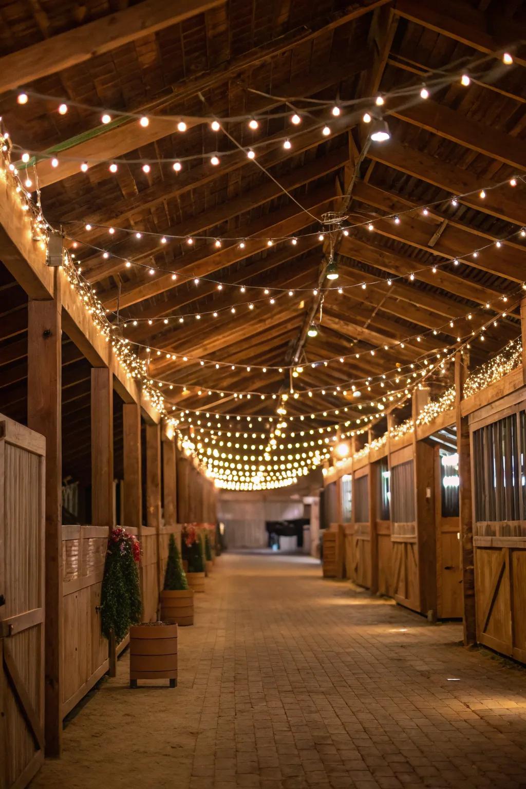 Fairy lights create a magical and enchanting atmosphere in the barn.