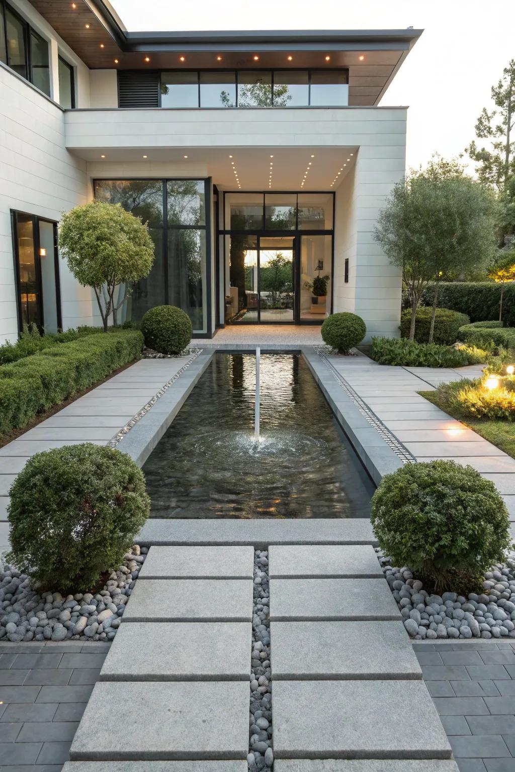A reflective water feature adding tranquility and refinement to your doorway.