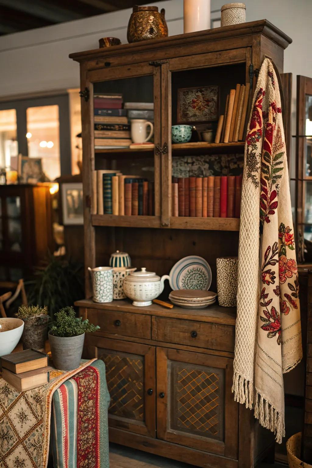 A mix of styles and textures creates a unique display.