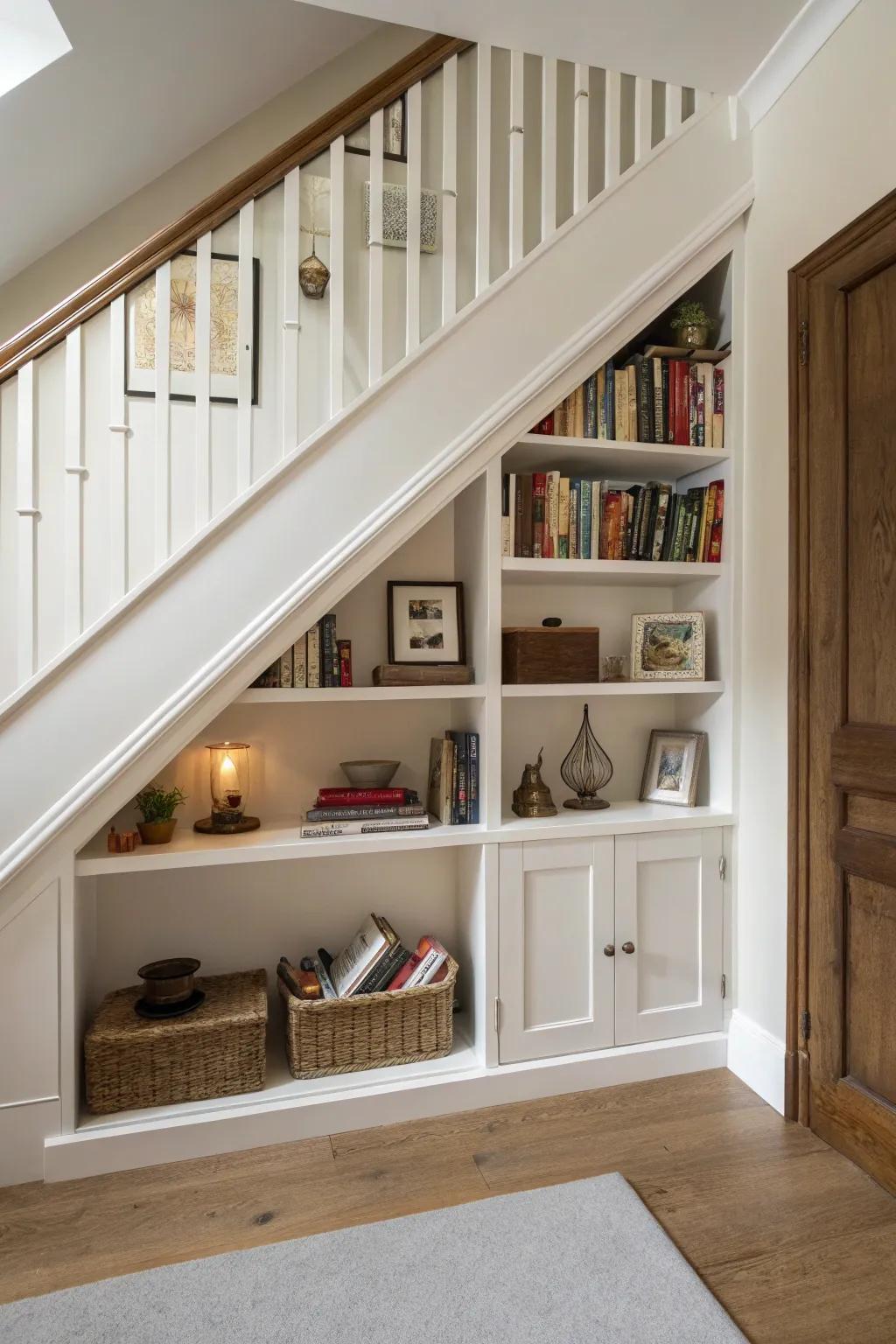 Make the most of every inch with under-stair in-wall shelving.