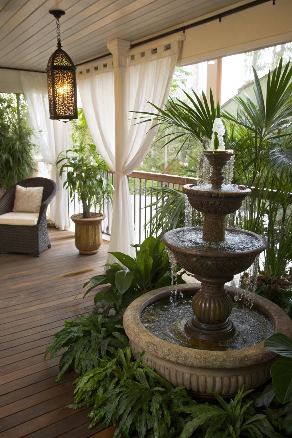 An interior water feature incorporates tranquility throughout this deck.