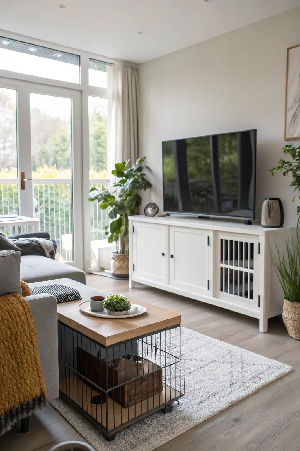Entertainment and pet comfort combined in a hidden media center kennel.