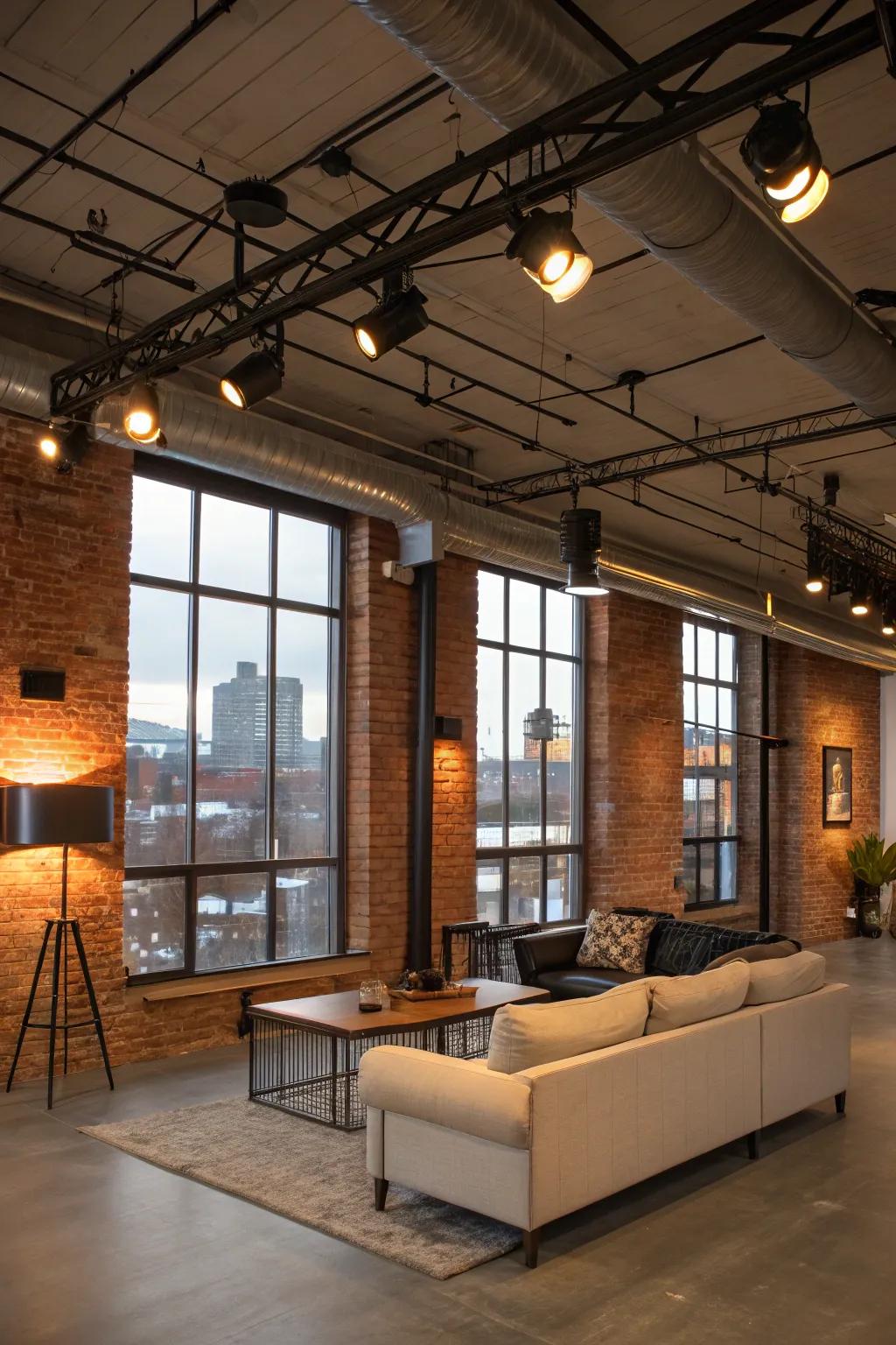 Warehouse-style living space featuring impressive LED flood lighting