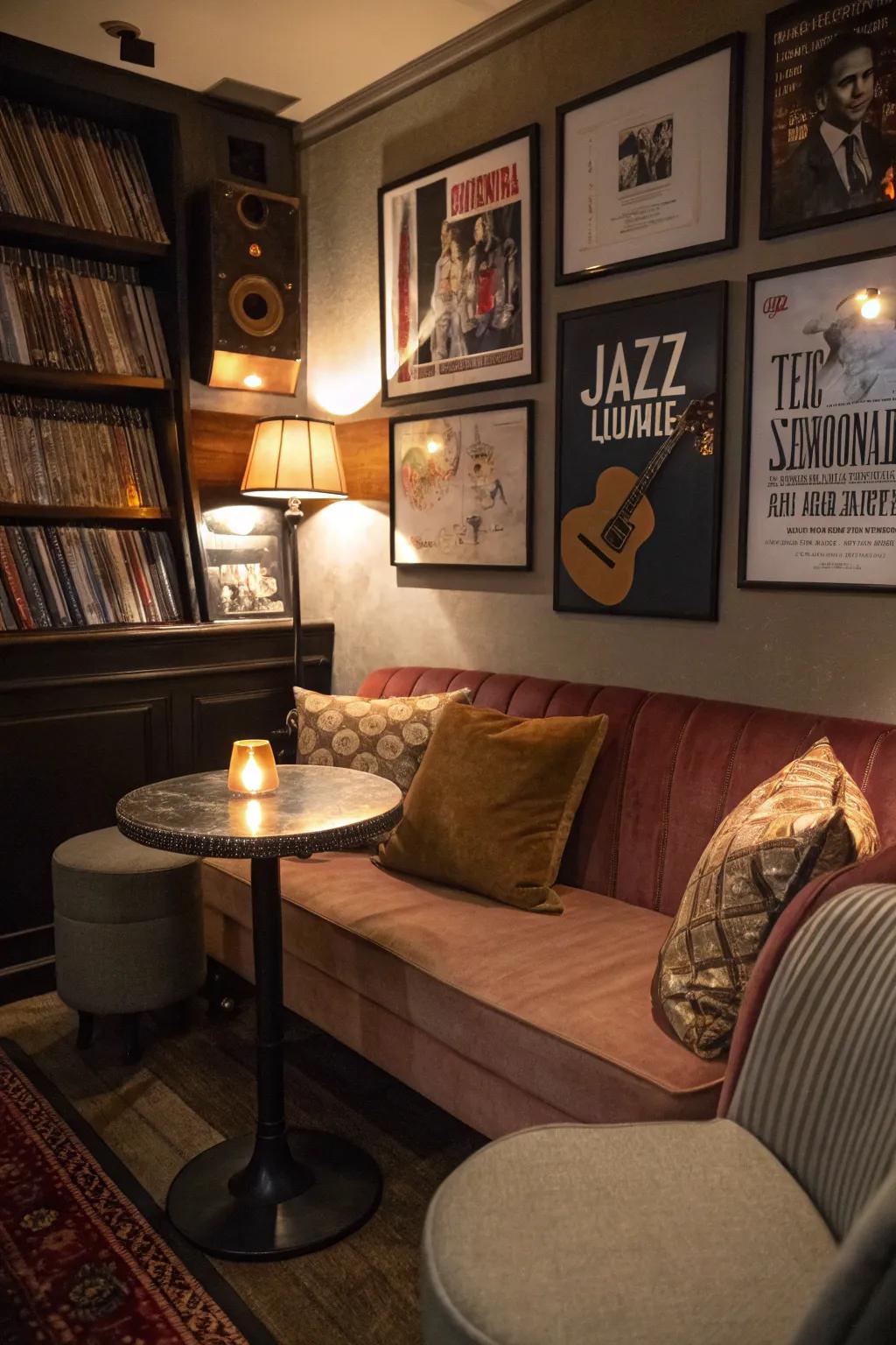 A snug jazz parlor area invites relaxation and conversation.